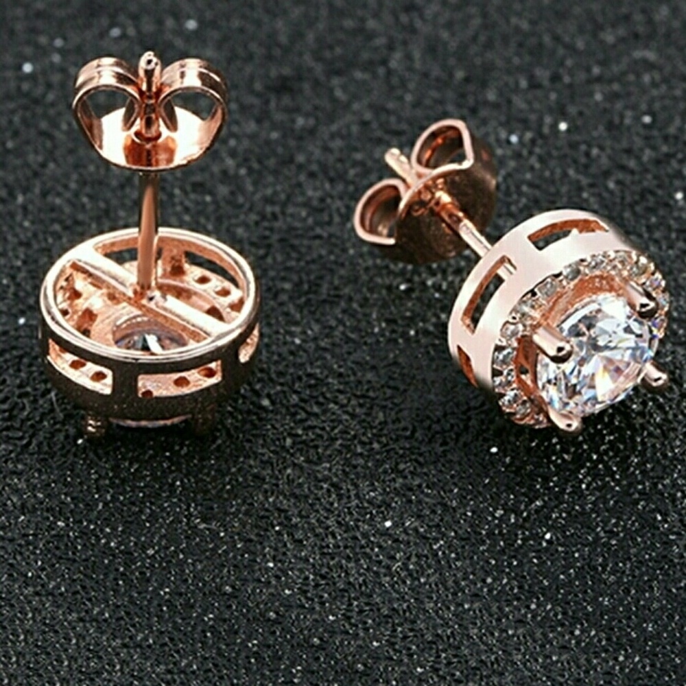 18k Rose Gold Diamond Cz Halo Stud Earrings - Picture 6 of 7
